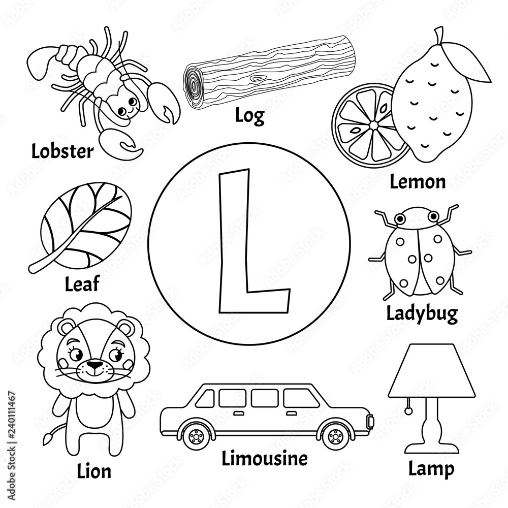 Stock Vektorgrafik Vector Cute Kids Animal Alphabet Letter L Set Of Cute Cartoon Illustrations Coloring Page Adobe Stock