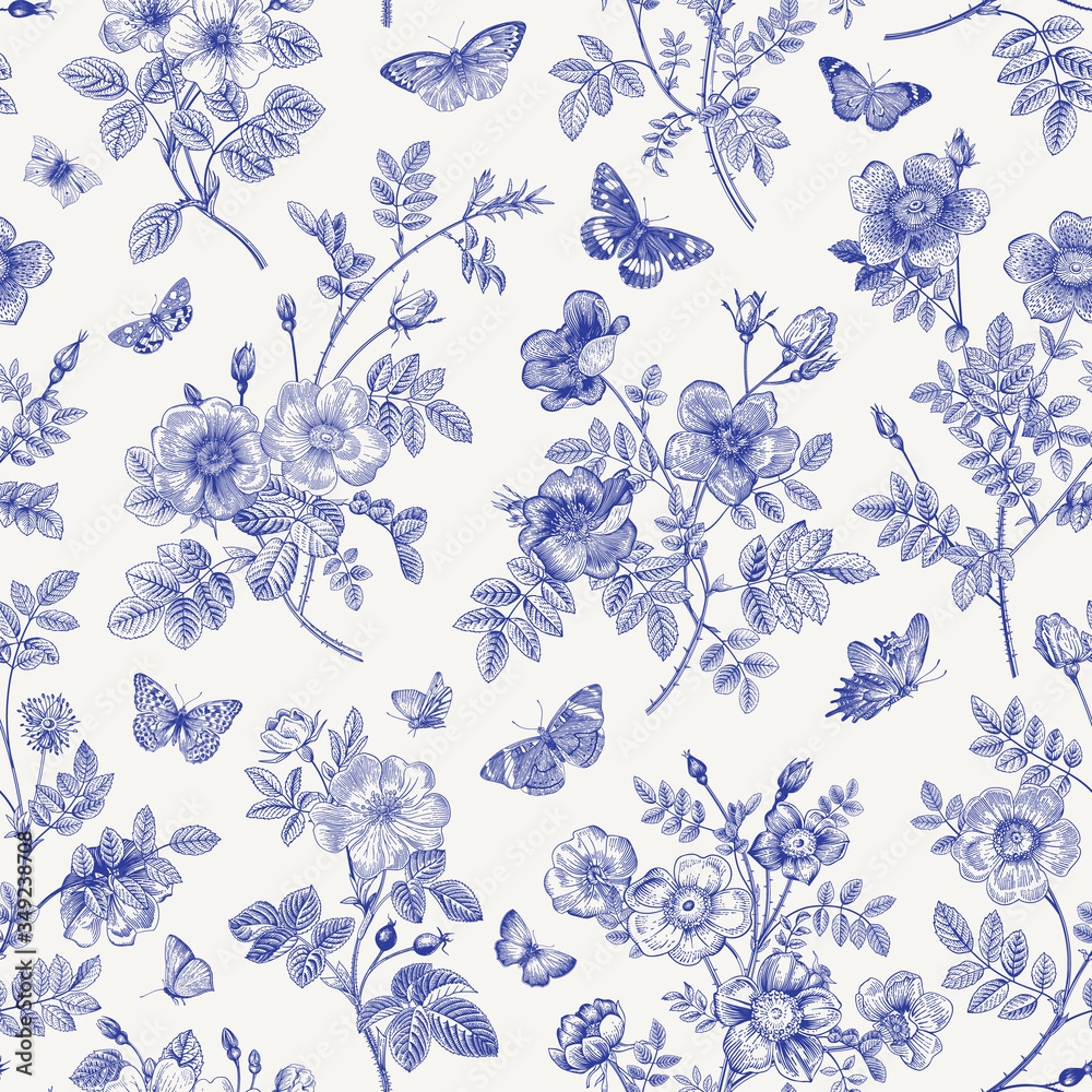 Stock Vektorgrafik Vintage Floral Illustration Seamless Pattern Wild Roses With Butterflies Blue And White Toile De Jouy Adobe Stock Stock Vektorgrafik Vintage Floral Illustration Seamless Pattern Wild Roses With Butterflies Blue And White Toile De Jouy Adobe Stock