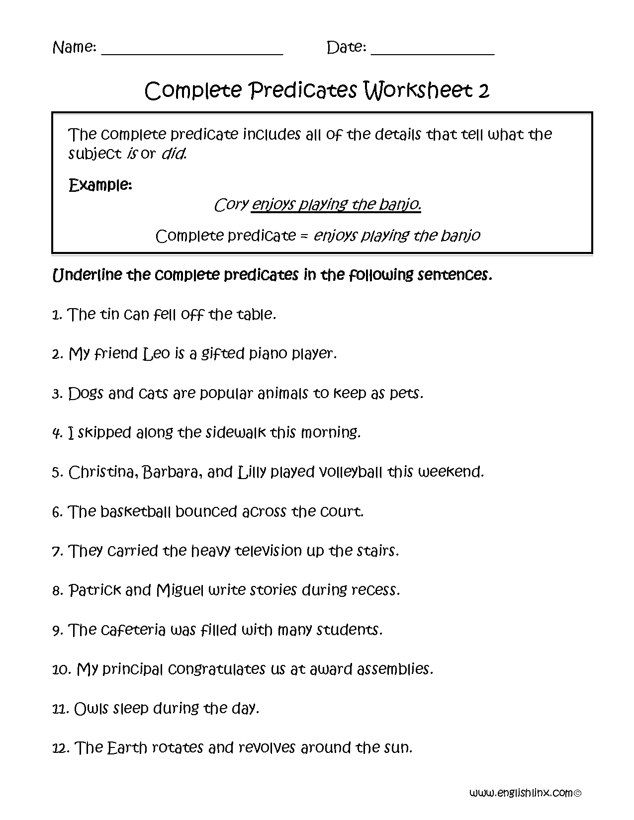 Subject And Predicate Worksheets Complete Predicates Worksheet Part 2 Subject And Predicate Worksheets Complete Predicates Worksheet Part 2