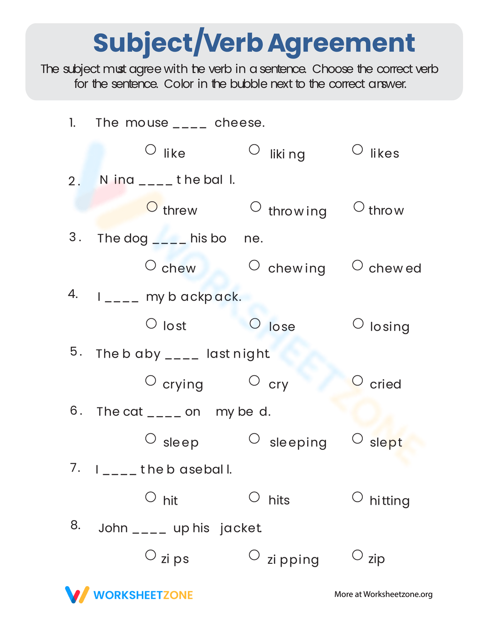 Subject Verb Agreement Quiz For Grammar Practice Worksheet