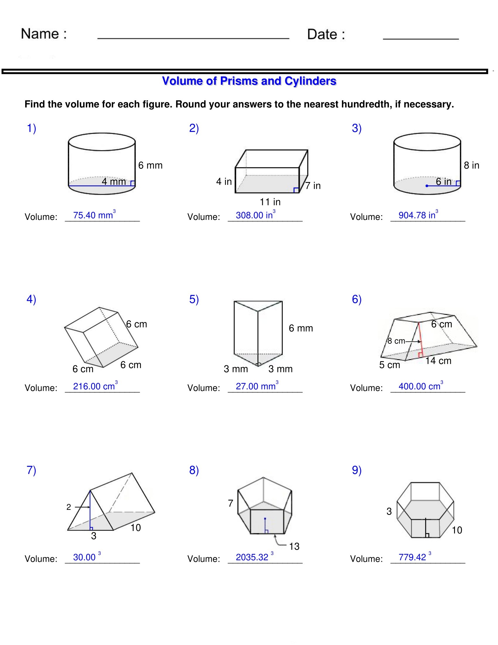 volume of cylinder worksheet volume of cylinder worksheet