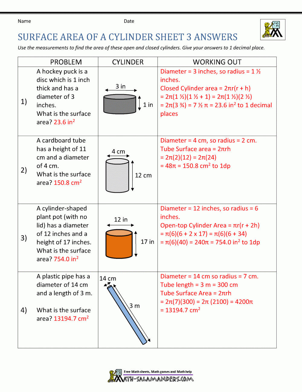 Surface Area Of A Cylinder Worksheets Library