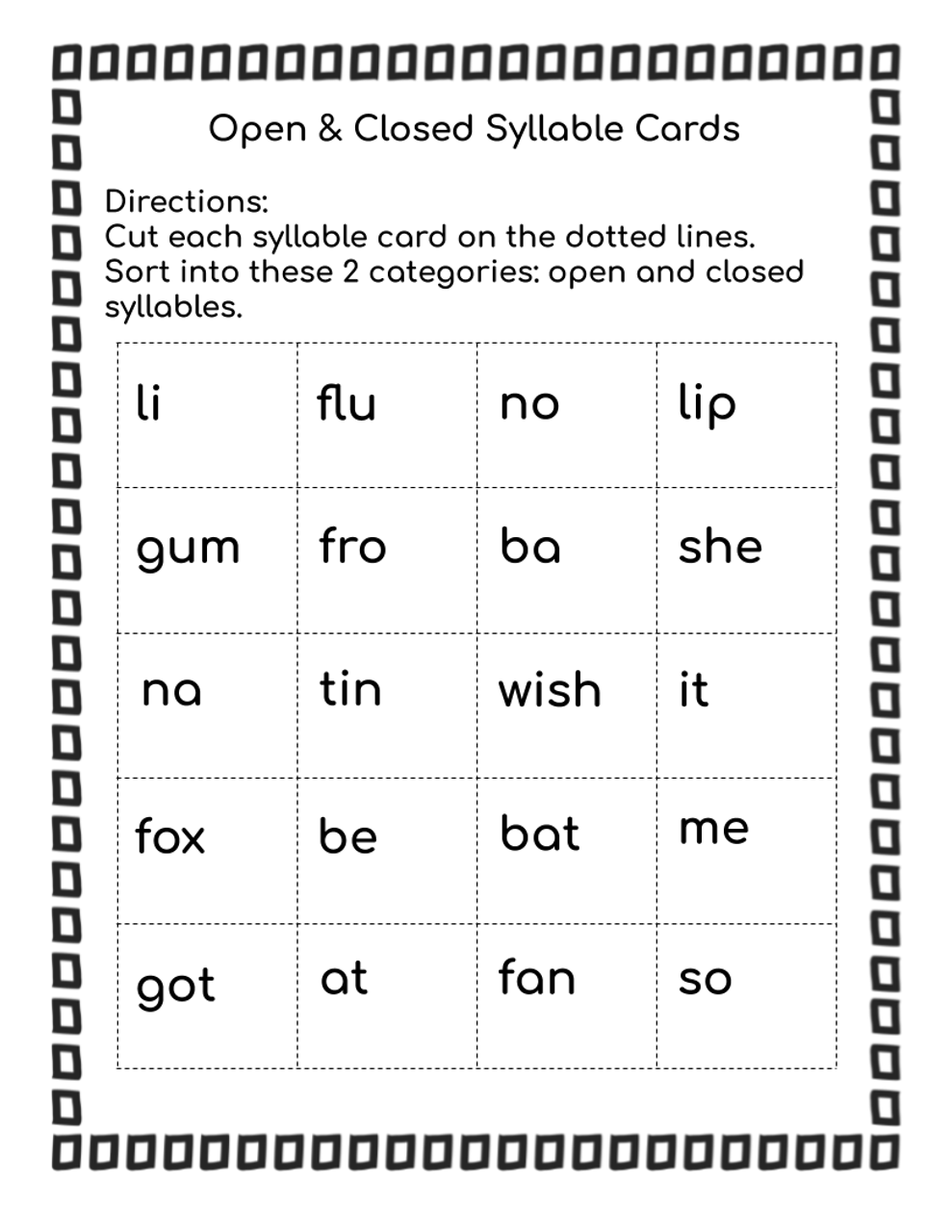 open closed syllables worksheet