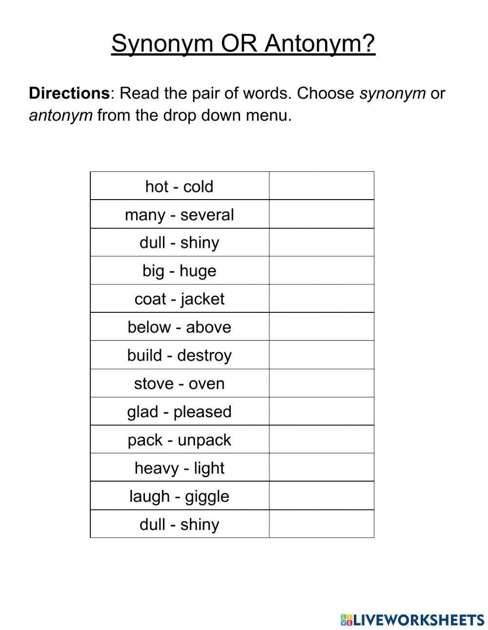 Synonym Or Antonym Worksheet Live Worksheets Worksheets Library Synonym Or Antonym Worksheet Live Worksheets Worksheets Library