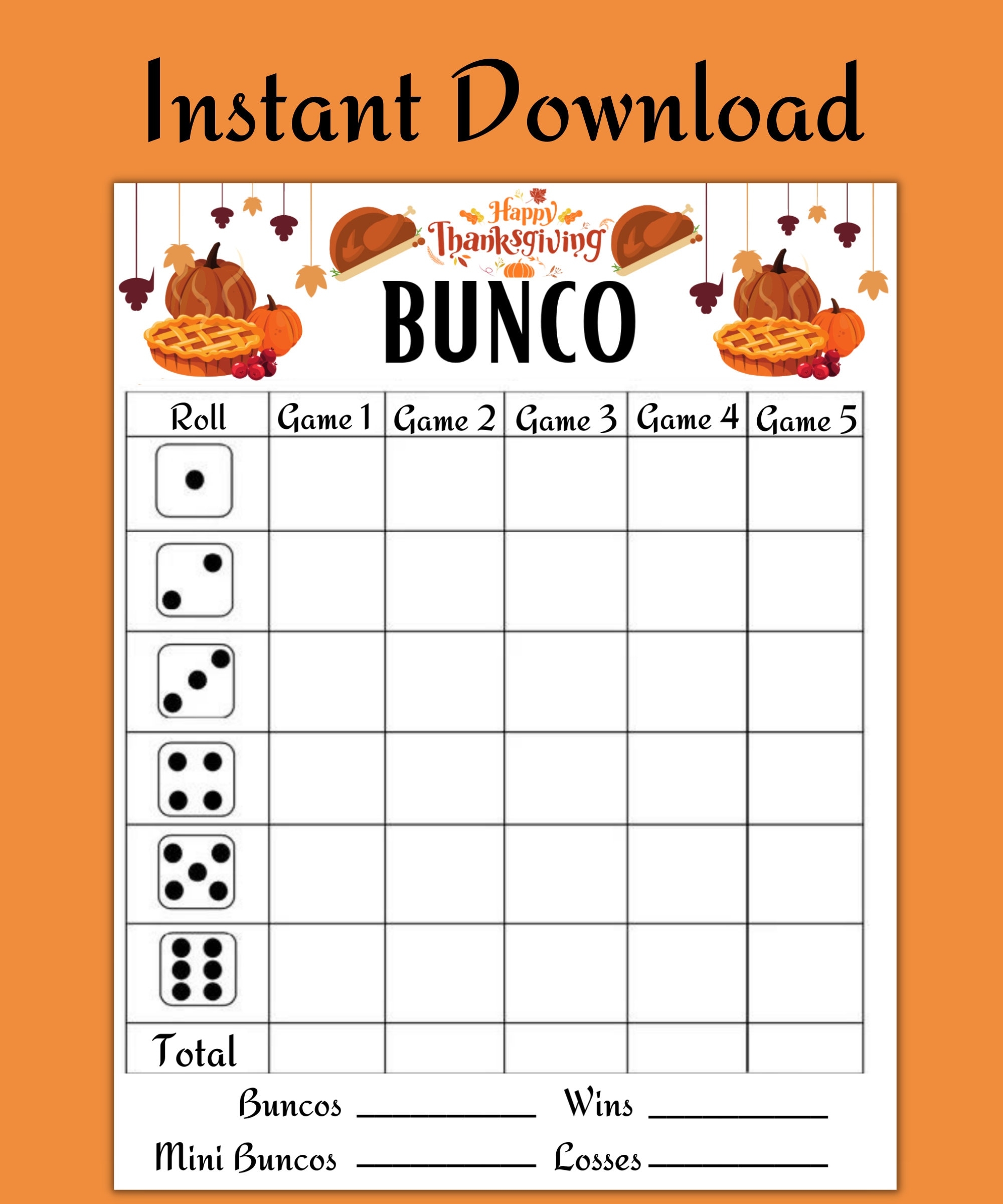 Thanksgiving Bunco Score Card Table Tally Sheet digital Download Etsy