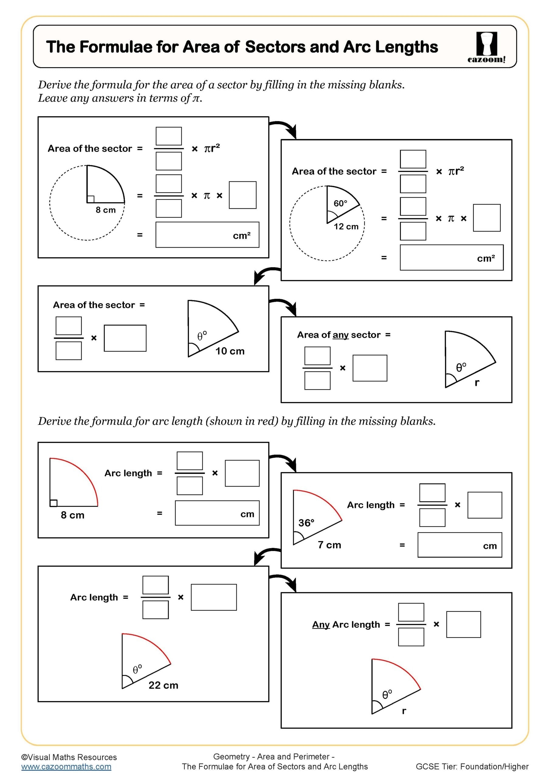 The Formulae For Area Of Sectors And Arc Lengths Worksheet Printable Maths Worksheets