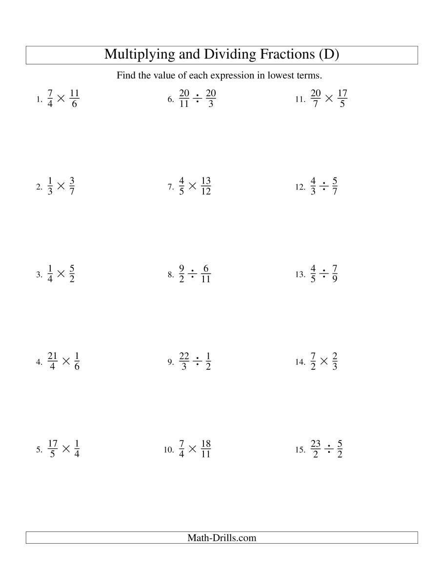 The Multiplying And Dividing Fractions D Math Worksheet From The Worksheets Library