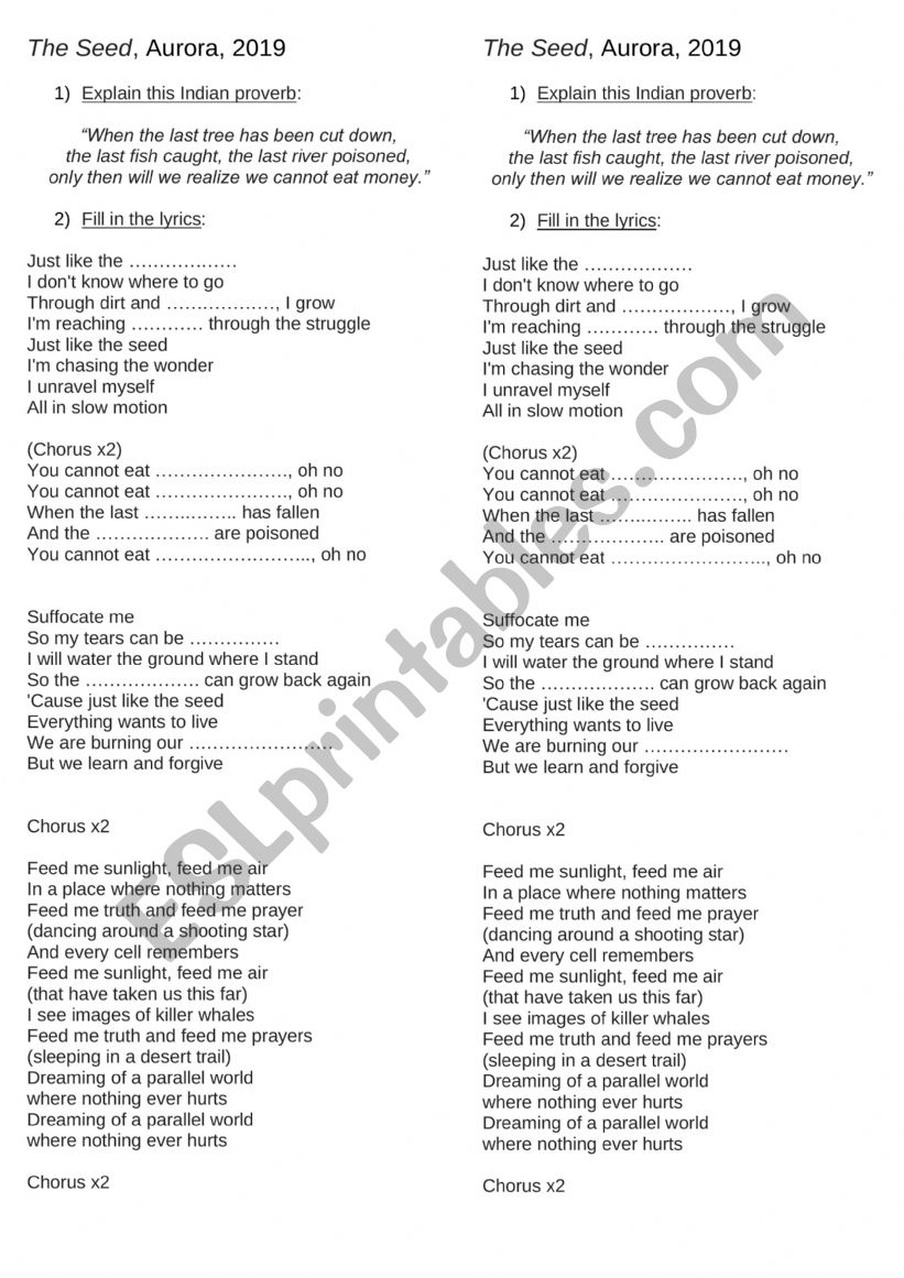 The Seed By Aurora Lyrics ESL Worksheet By Cindy3336 The Seed By Aurora Lyrics ESL Worksheet By Cindy3336