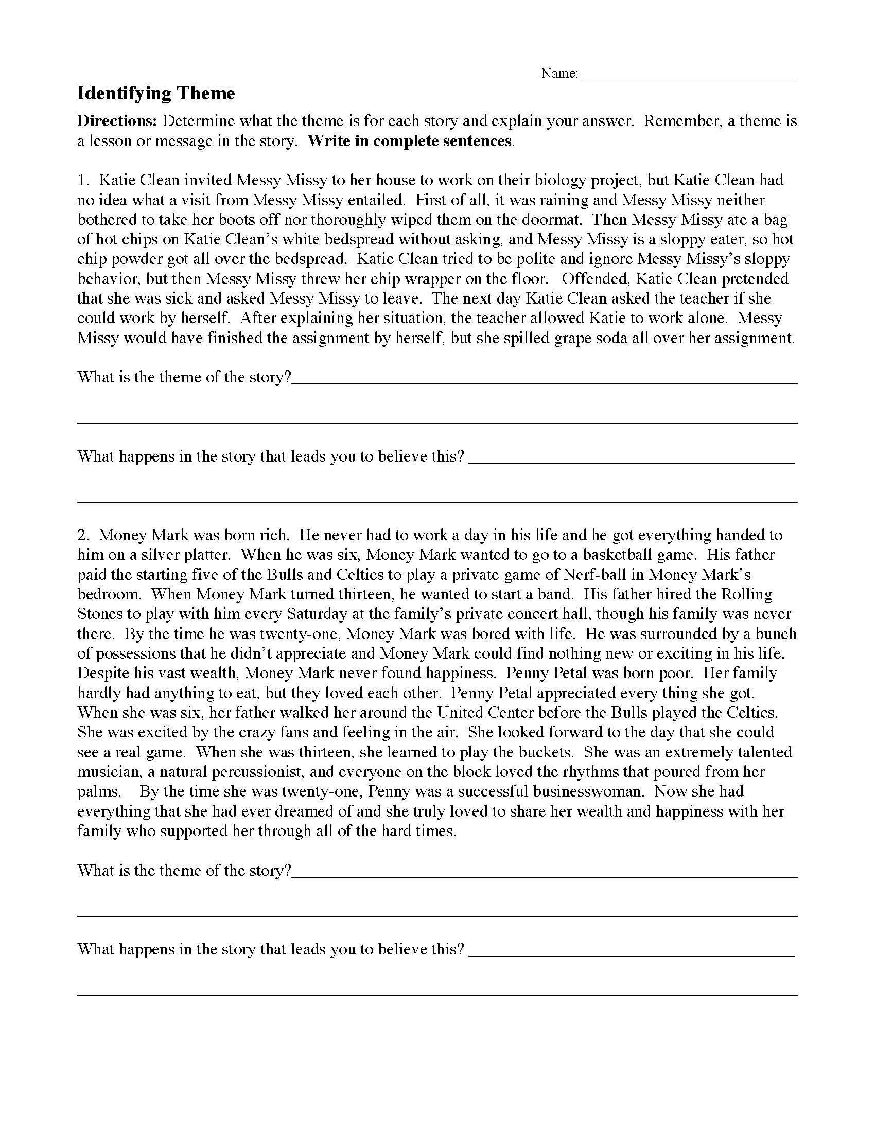Theme Worksheet 1 Reading Activity