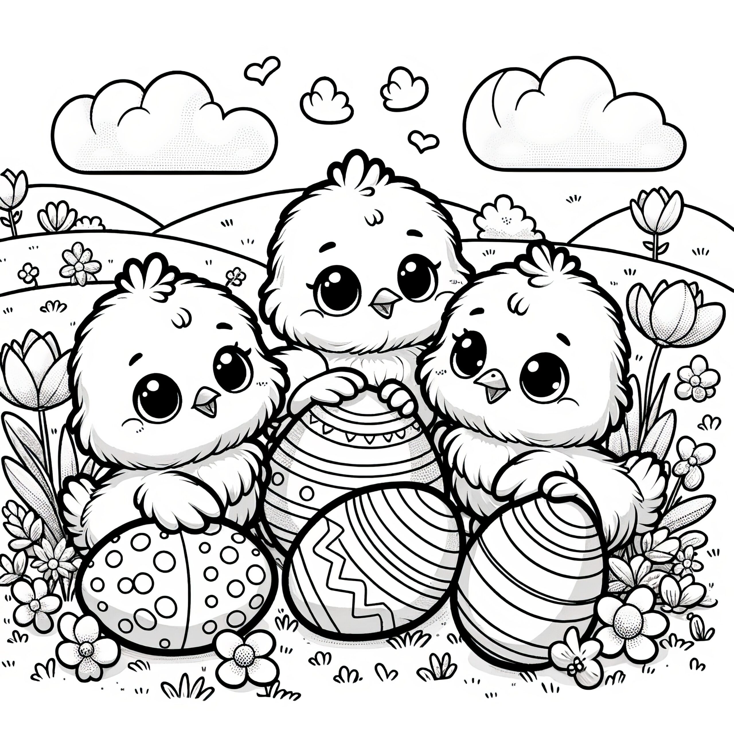 Three Cute Easter Chicks With Easter Eggs Coloring Page Free For Download Three Cute Easter Chicks With Easter Eggs Coloring Page Free For Download