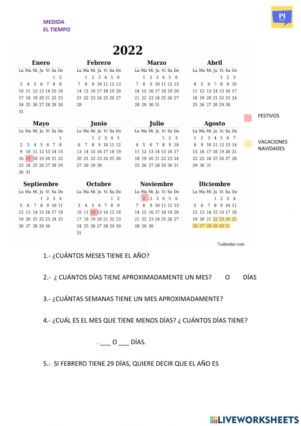 Tiempo Calendario Worksheet Tiempo Calendario Worksheet