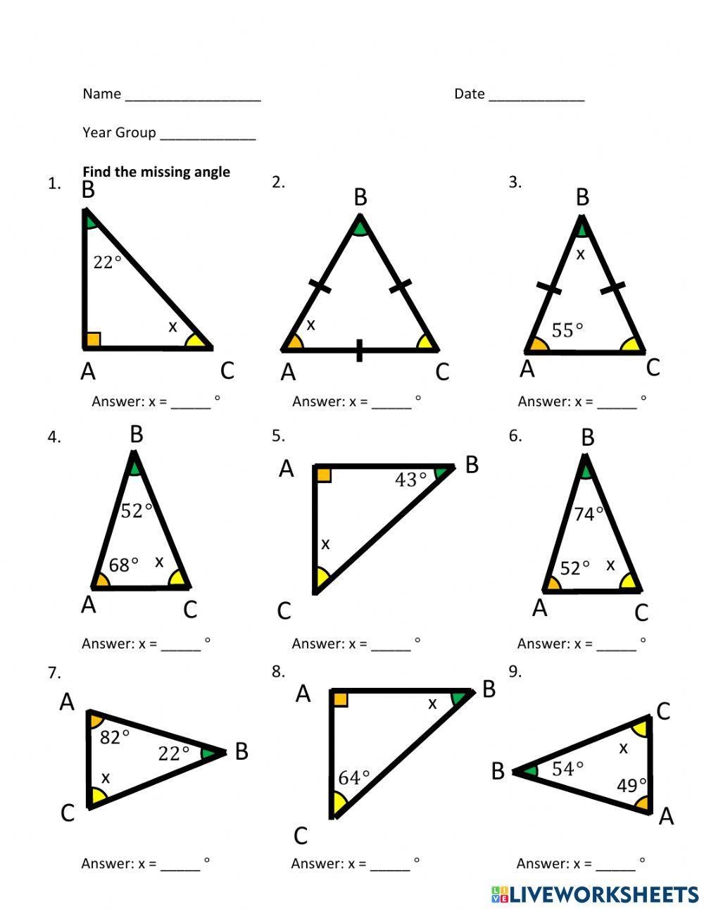 Triangles Find Missing Angle Worksheet Live Worksheets Worksheets Library