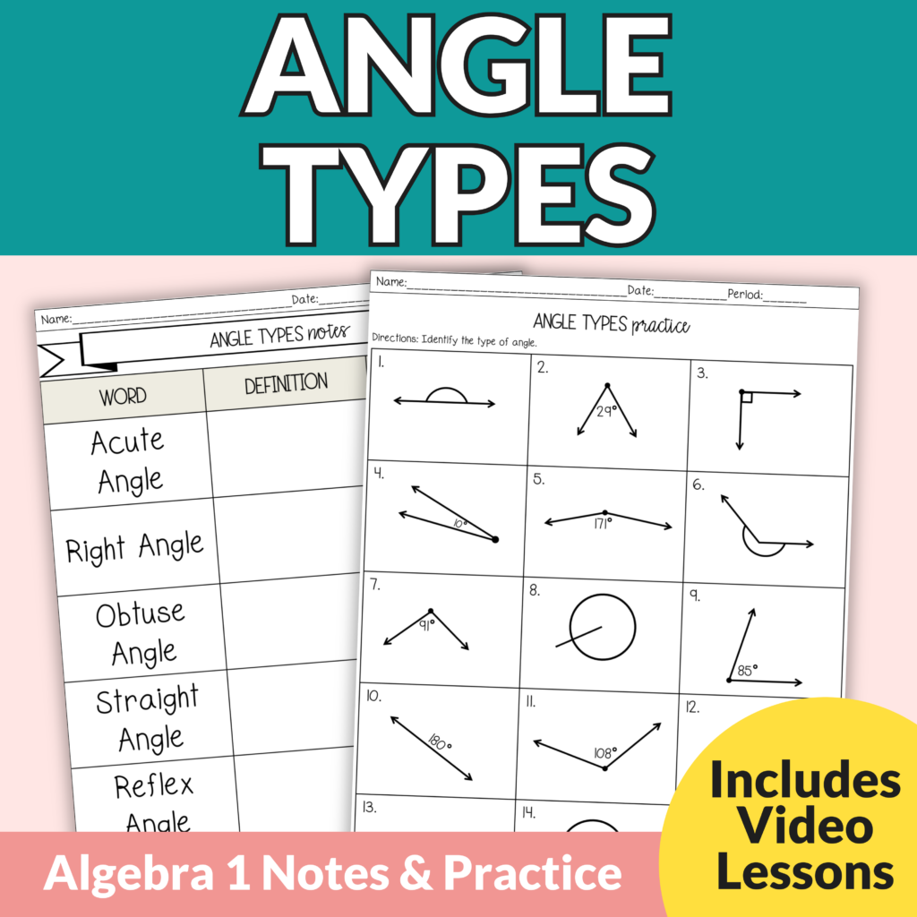 Types Of Angles Notes And Worksheets For Geometry Review 8th 10th Grade Math Lindsay Bowden