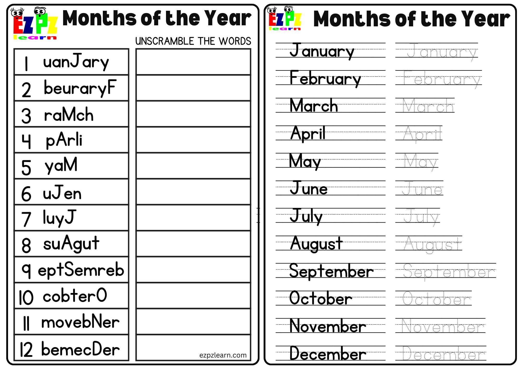 Unscramble The Words Worksheet For Months Of The Year Includes Two Pages Ezpzlearn