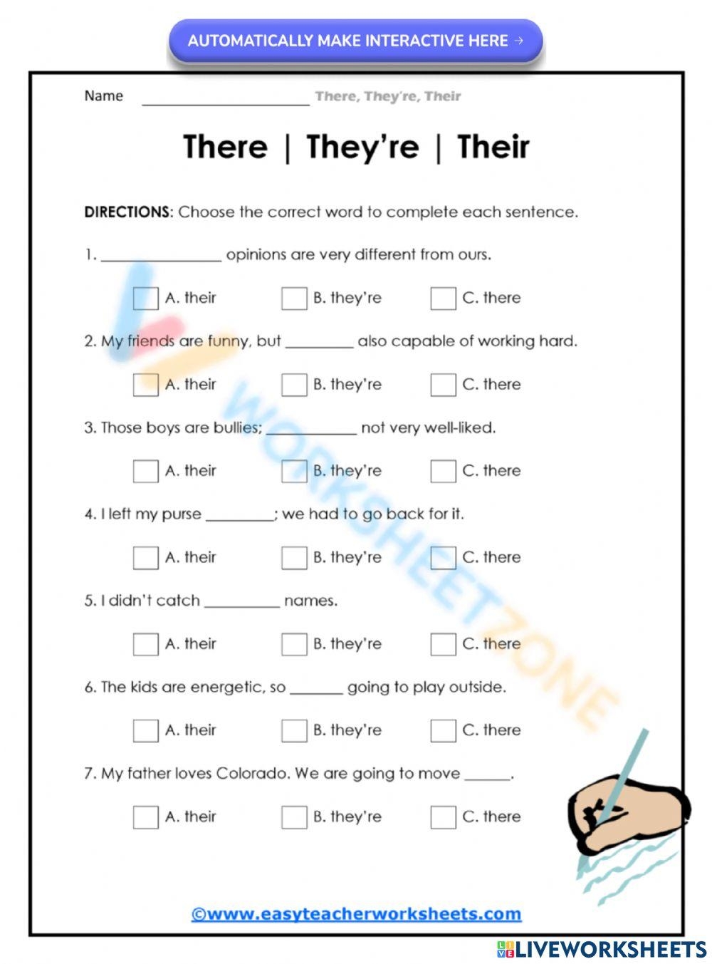 their they're and there worksheet