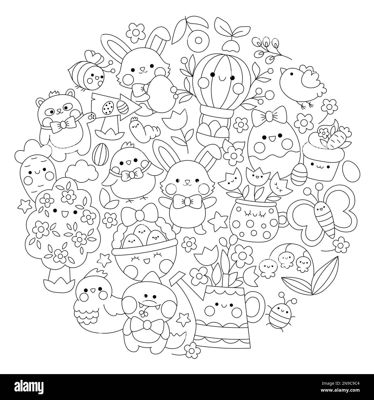 Vector Easter Round Line Coloring Page For Kids With Cute Kawaii Characters Black And White Spring Holiday Illustration With Funny Bunny Chicks Ani Stock Vector Image Art Alamy Vector Easter Round Line Coloring Page For Kids With Cute Kawaii Characters Black And White Spring Holiday Illustration With Funny Bunny Chicks Ani Stock Vector Image Art Alamy