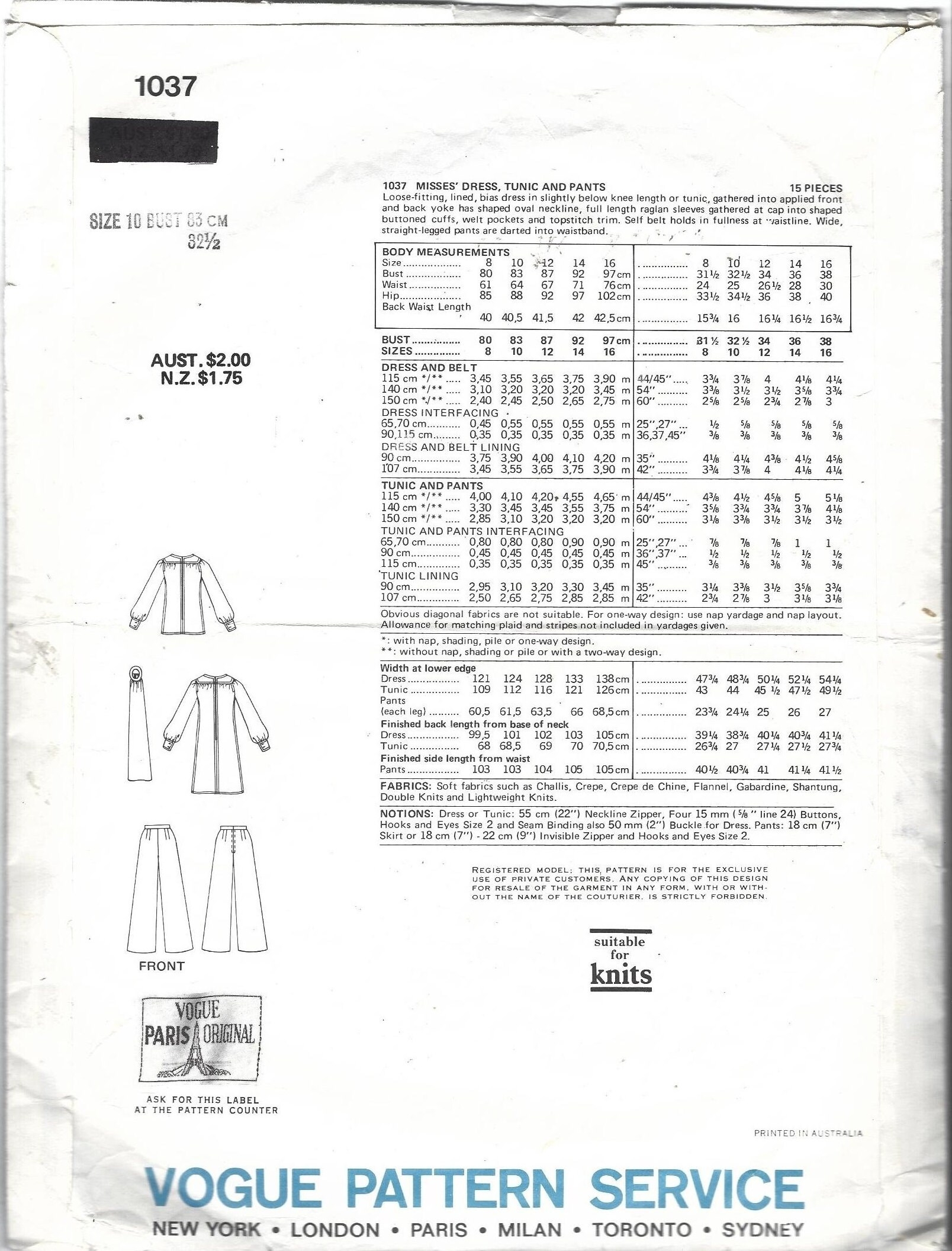 Vogue Sewing Pattern 1037 Paris Original EMANUEL UNGARO Vintage Dress Tunic And Pants Size 10 Etsy