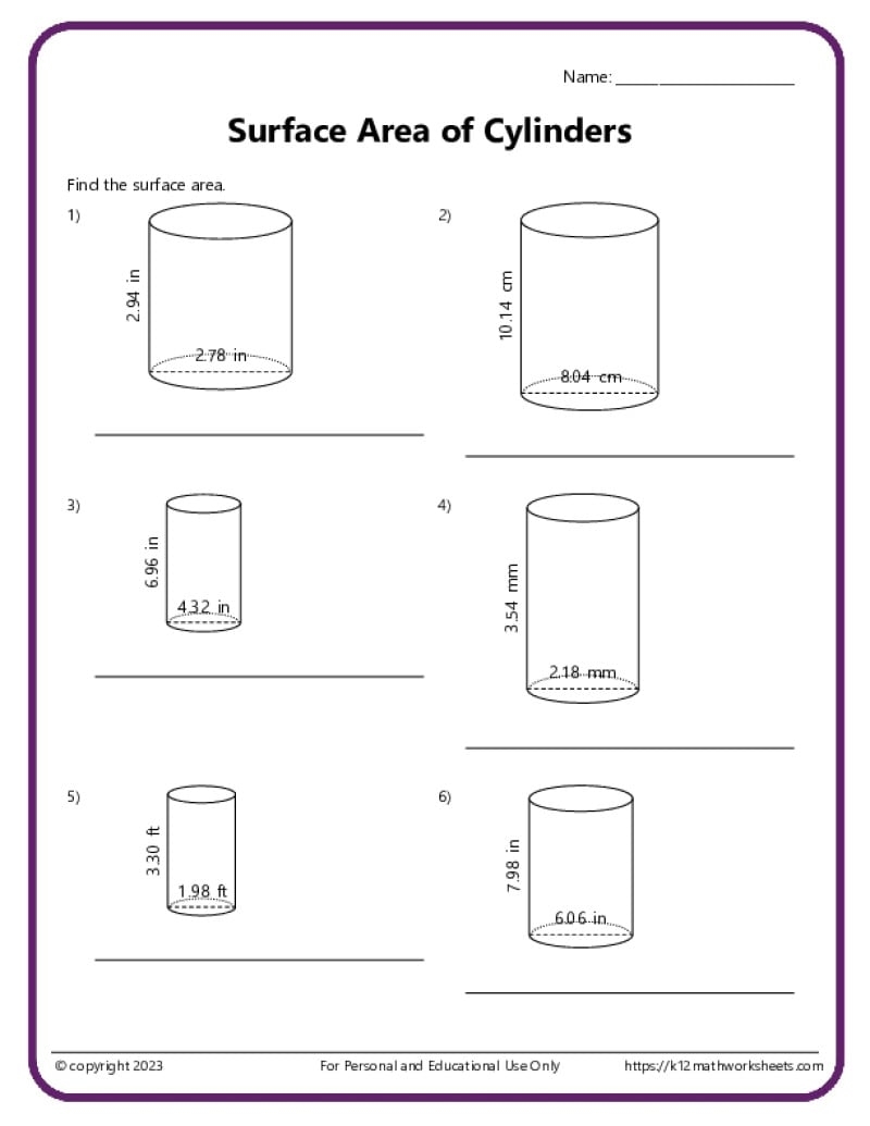 Volume And Surface Area Of Cylinders K12 Math Worksheets