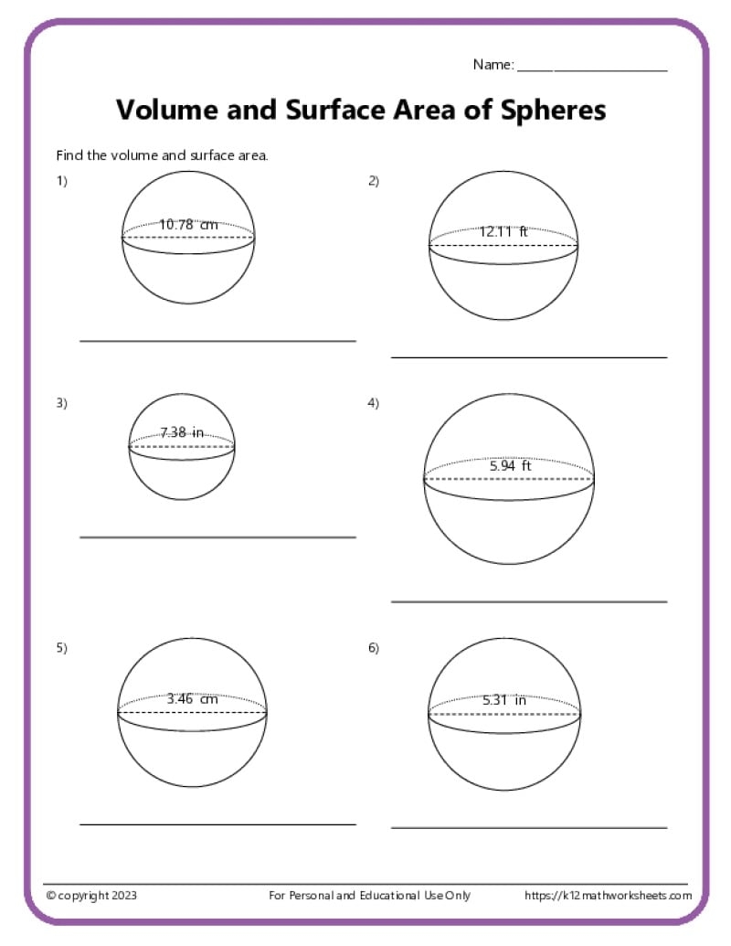 Volume And Surface Area Of Spheres K12 Math Worksheets