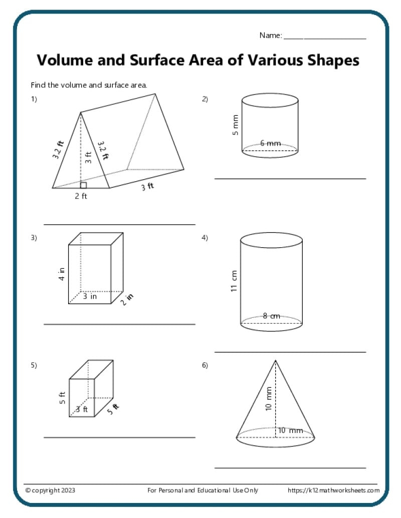 Volume And Surface Area Worksheets K12 Math Worksheets