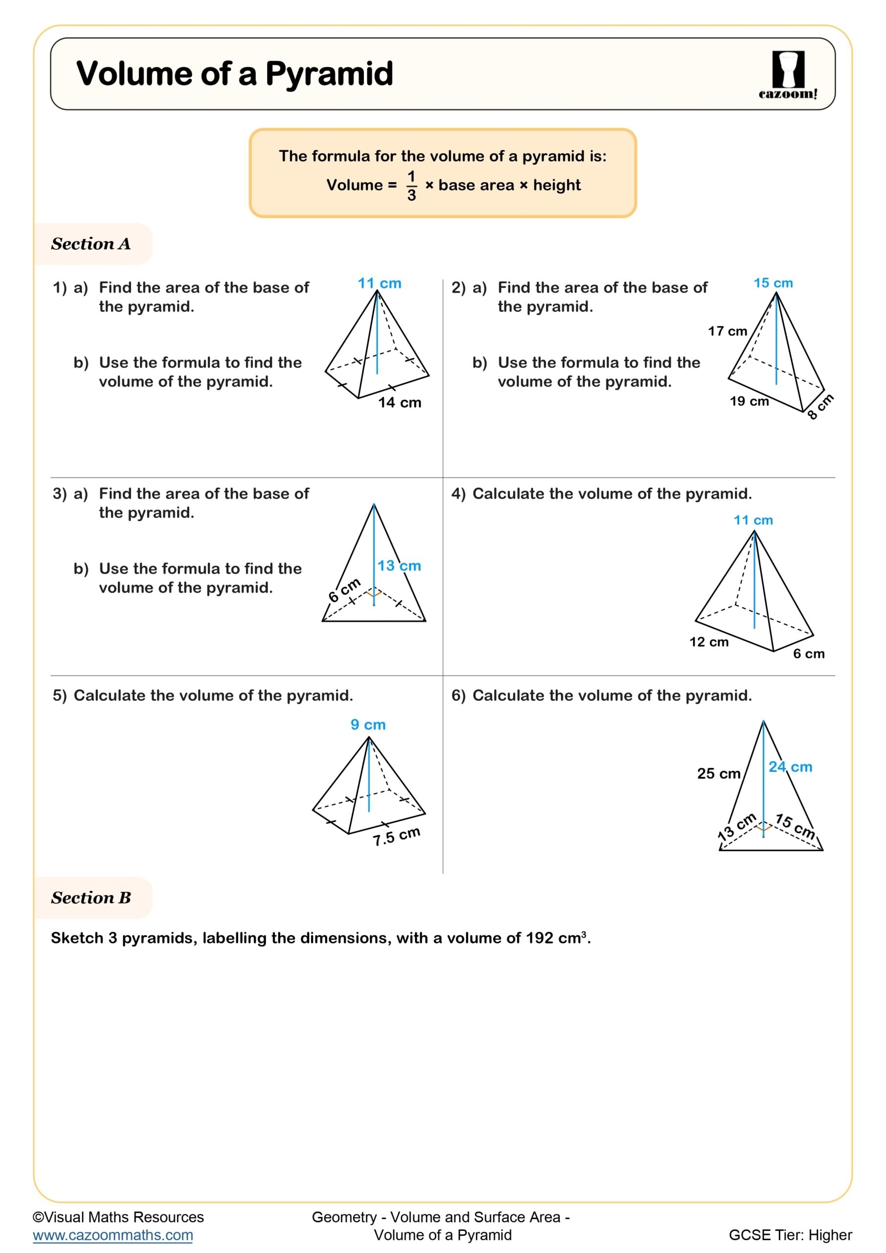 Volume Of A Pyramid Worksheet Fun And Engaging Year 10 And Year 11 Geometry Worksheet
