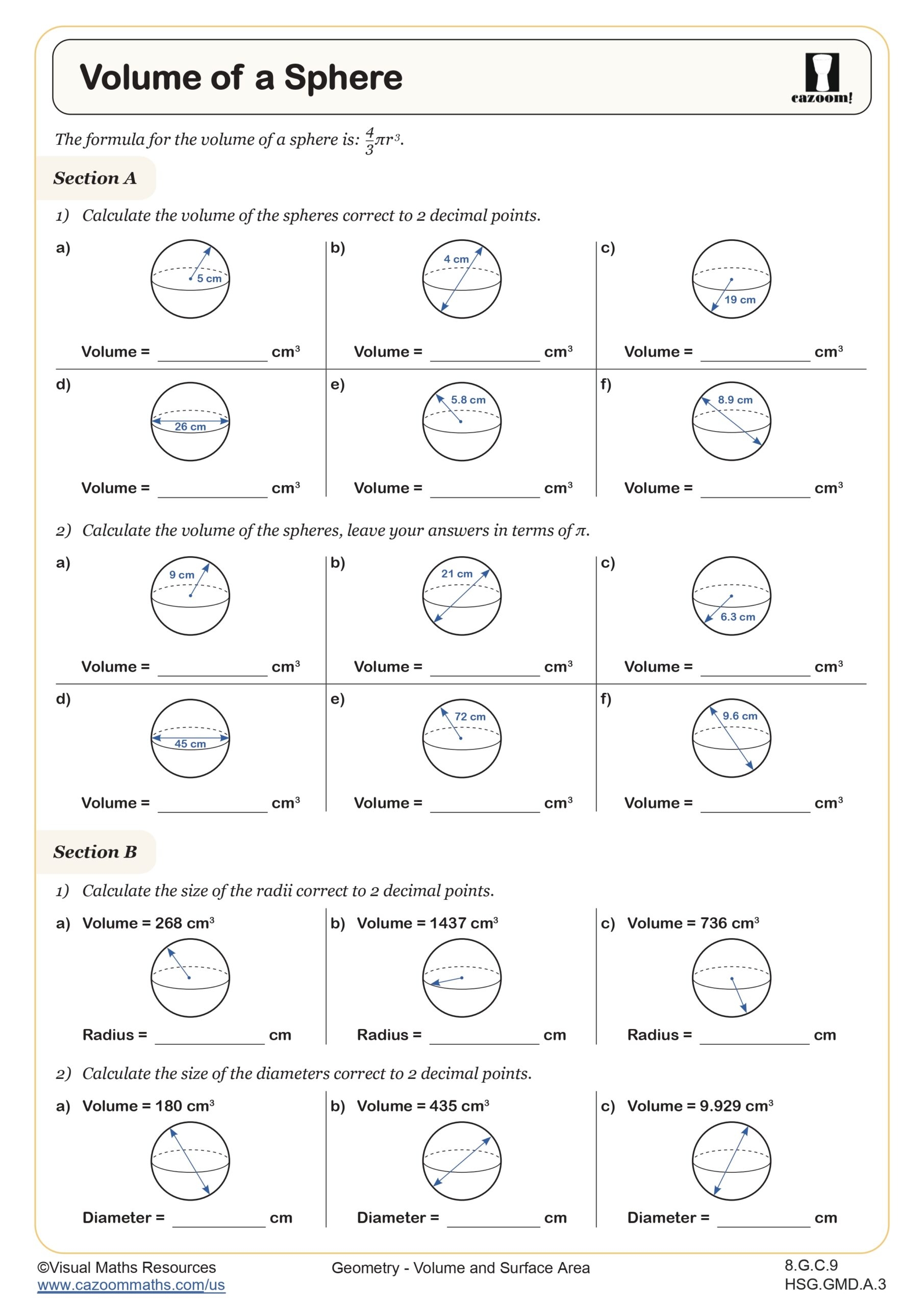 Volume Of A Sphere Worksheet Fun And Engaging 8th Grade Math I Geometry Worksheet Cazoom Math