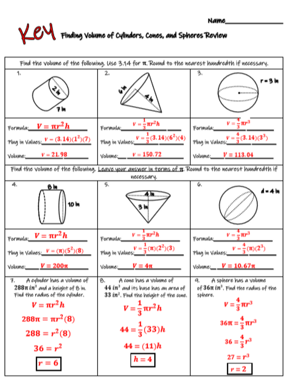 Volume Of Cylinders Cones And Spheres Review With Word Problems Worksheets Library