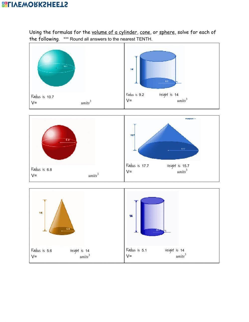 Volume Of Cylinders Cones Spheres Worksheet Live Worksheets Worksheets Library