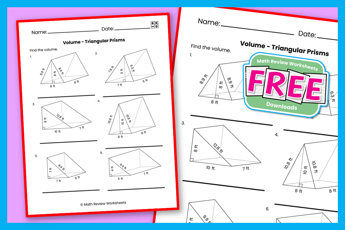 Volume Triangular Prisms Feet Math Review Worksheets