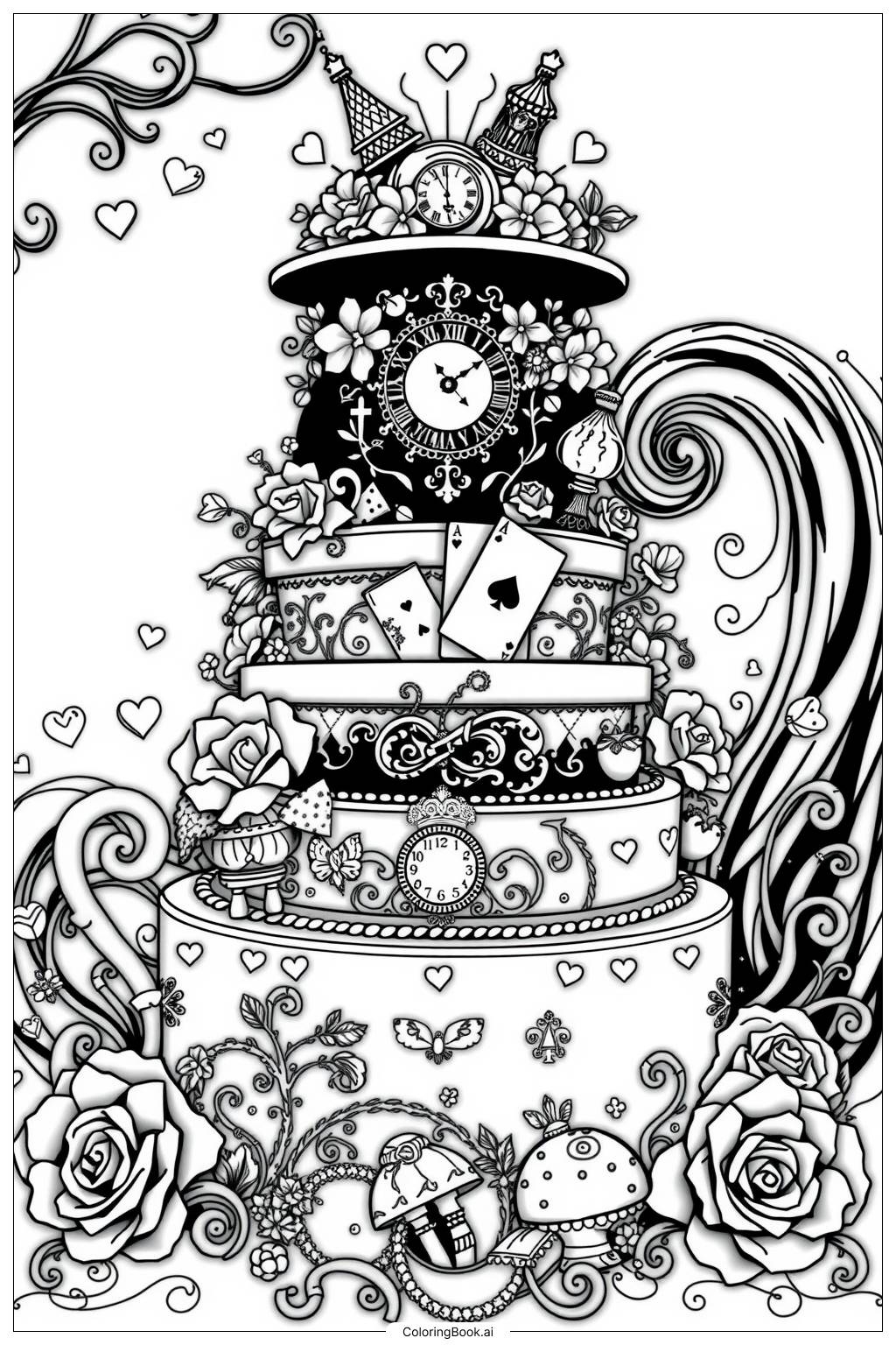 Wonderland Tea Party Cake Coloring Page Free PDF PNG Printable 