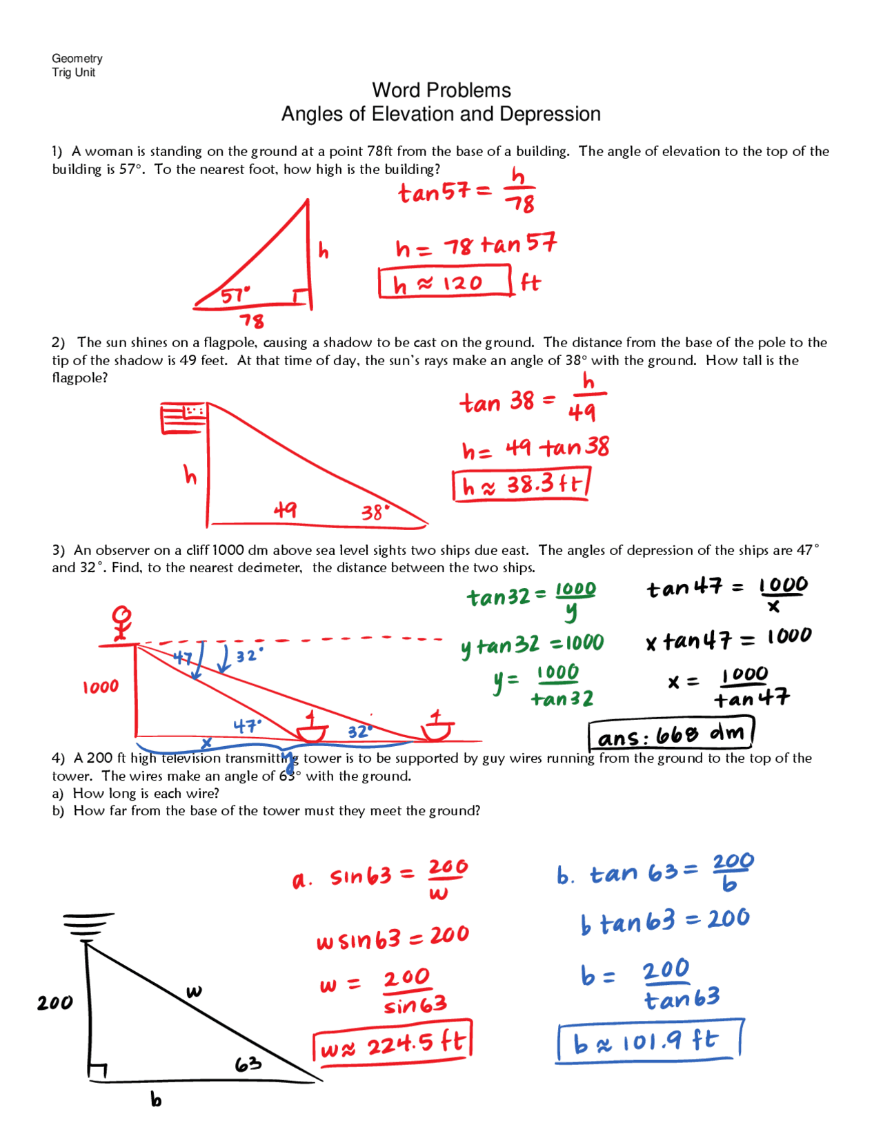 Word Problems Angles Of Elevation And Depression Lecture Notes Worksheets Library