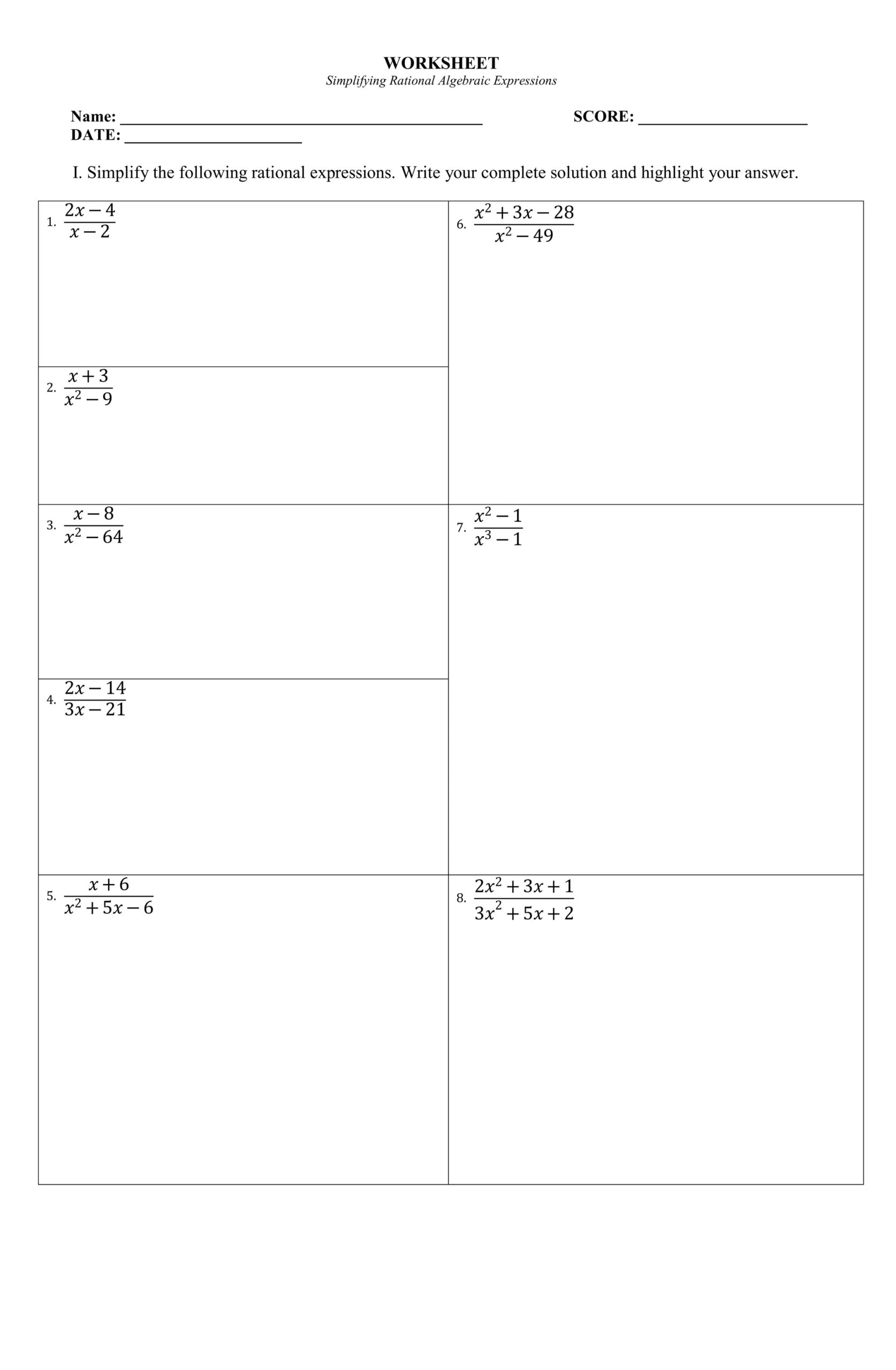 simplifying rational algebraic expressions worksheet