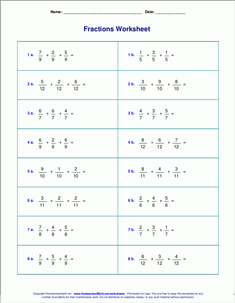 Worksheets For Fraction Addition
