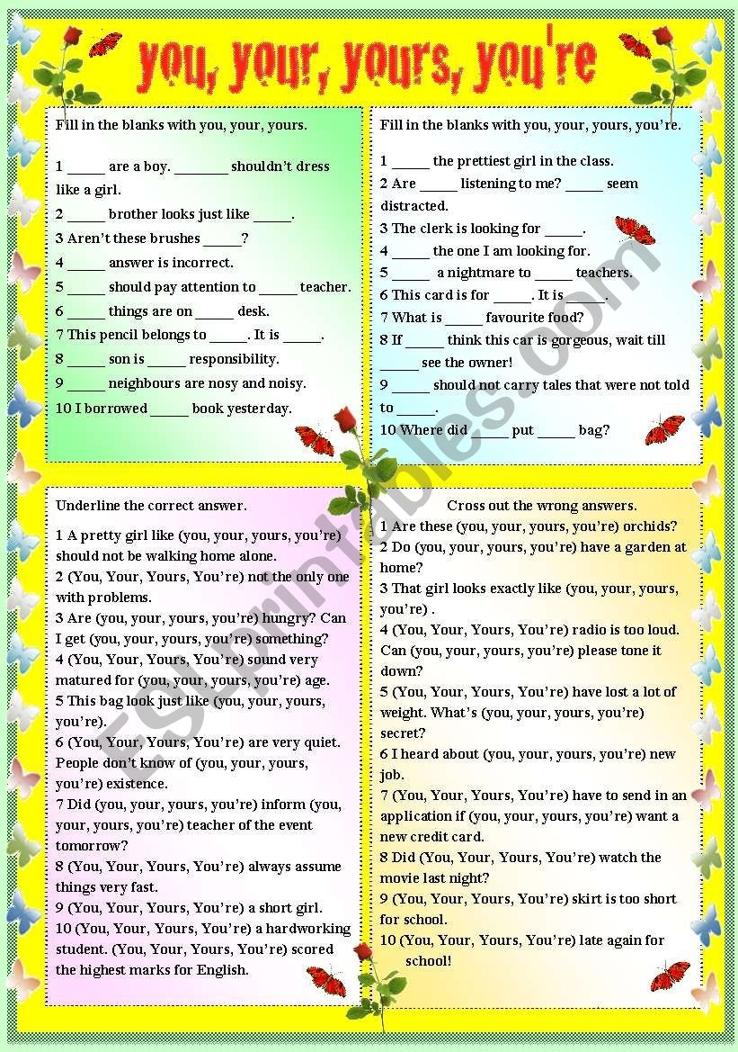 YOU YOUR YOURS YOU RE WITH B W AND ANSWER KEY ESL Worksheet By Sharin Raj YOU YOUR YOURS YOU RE WITH B W AND ANSWER KEY ESL Worksheet By Sharin Raj