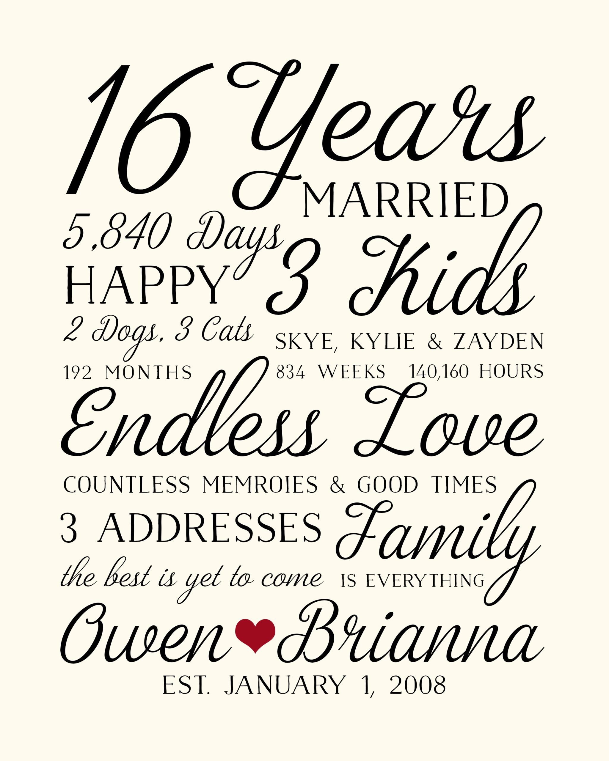 16 Year Wedding Anniversary Gift For Wife Or Husband Personalized 16th Anniversary Poster Marriage Milestone Gift Custom Love Artwork 16 Year Wedding Anniversary Gift For Wife Or Husband Personalized 16th Anniversary Poster Marriage Milestone Gift Custom Love Artwork
