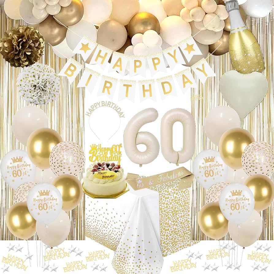 Amazon 60th Birthday Decorations White And Gold 60th Bday Decorations For Woman Happy Birthday Banner Tablecloth Cake Topper Sash Crown Fringe Curtain Balloons For Women 60 Bday Party Decor Home