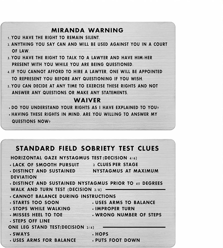 Amazon DGXMD Miranda Warning Card Double sided Miranda Rights Card Metal Engraved Standard Field Sobriety Test Clues Card For Police Law Enforcement Officers Office Products
