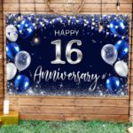 Amazon Happy 16th Anniversary Backdrop Banner Decor Navy Blue Silver Glitter Happy 16 Years Wedding Anniversary Party Theme Decorations For Women Men Supplies Home Kitchen