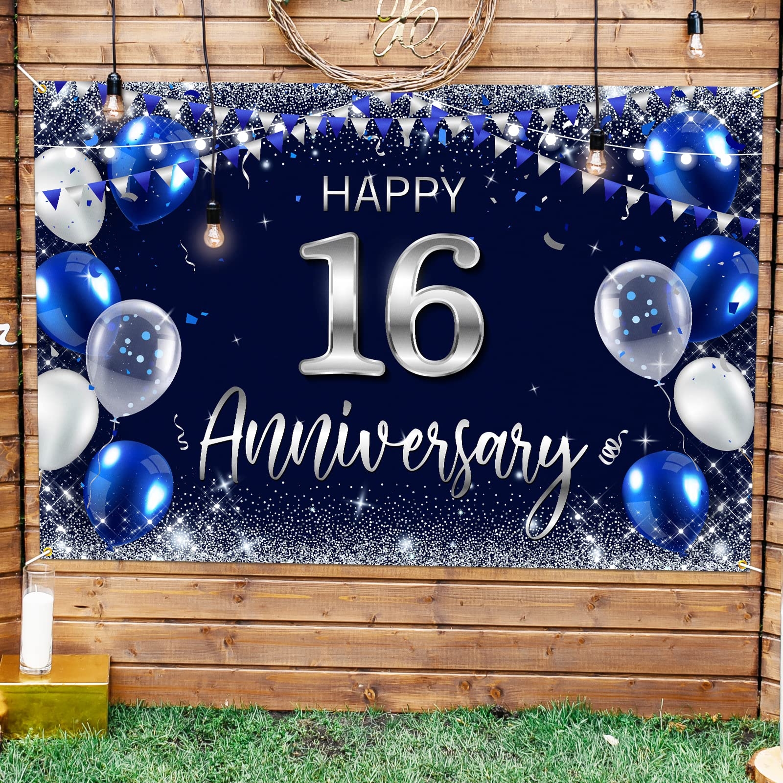 Amazon Happy 16th Anniversary Backdrop Banner Decor Navy Blue Silver Glitter Happy 16 Years Wedding Anniversary Party Theme Decorations For Women Men Supplies Home Kitchen
