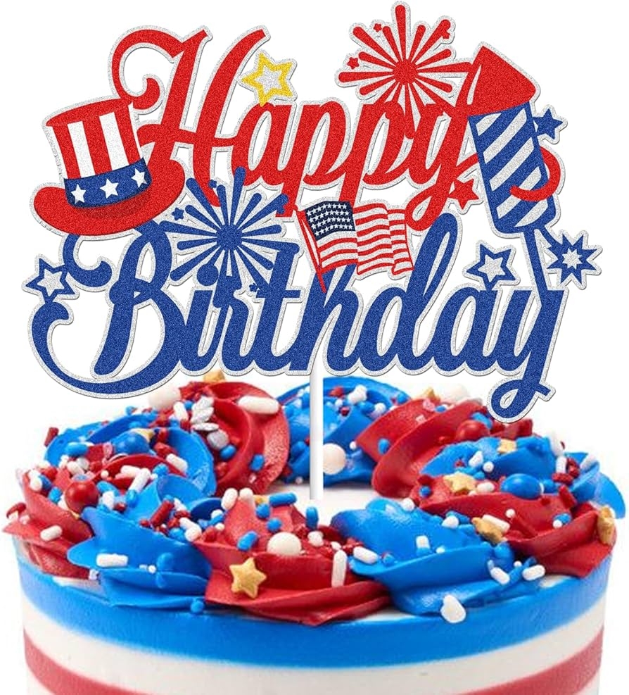 Amazon Happy Birthday 4th Of July Cake Topper America USA Patriotic Birthday Party Decorations Red And Blue Glitter Firework Independence Day For American National Theme Birthday Party Supplies Grocery Gourmet