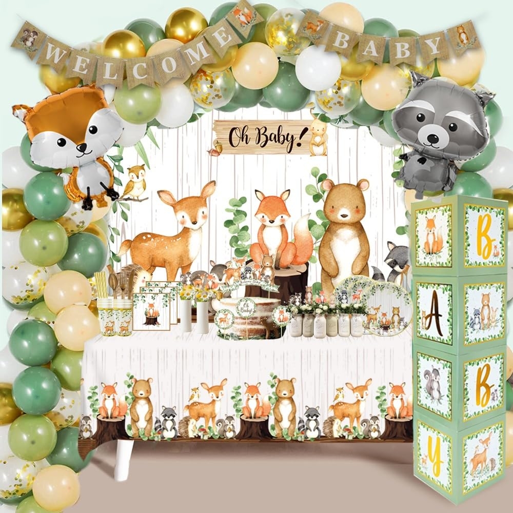 Amazon MEGA 257 Pc Woodland Baby Shower Decorations Boy Girl Kit Forest Animal Theme Gender Neutral Baby Shower Decor BABY Boxes Backdrop Banner Balloon Garland Tablecloth Plates Cups 20 Guests