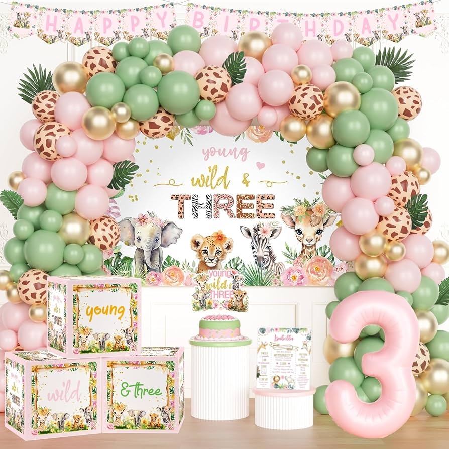 Amazon Party Inspo Young Wild And Three Party Decorations 3 Year Old Birthday Decorations Girl Jungle Safari Animal Theme 3rd Birthday Party Supplies Backdrop Balloon Banner Box Poster Cake Topper Home