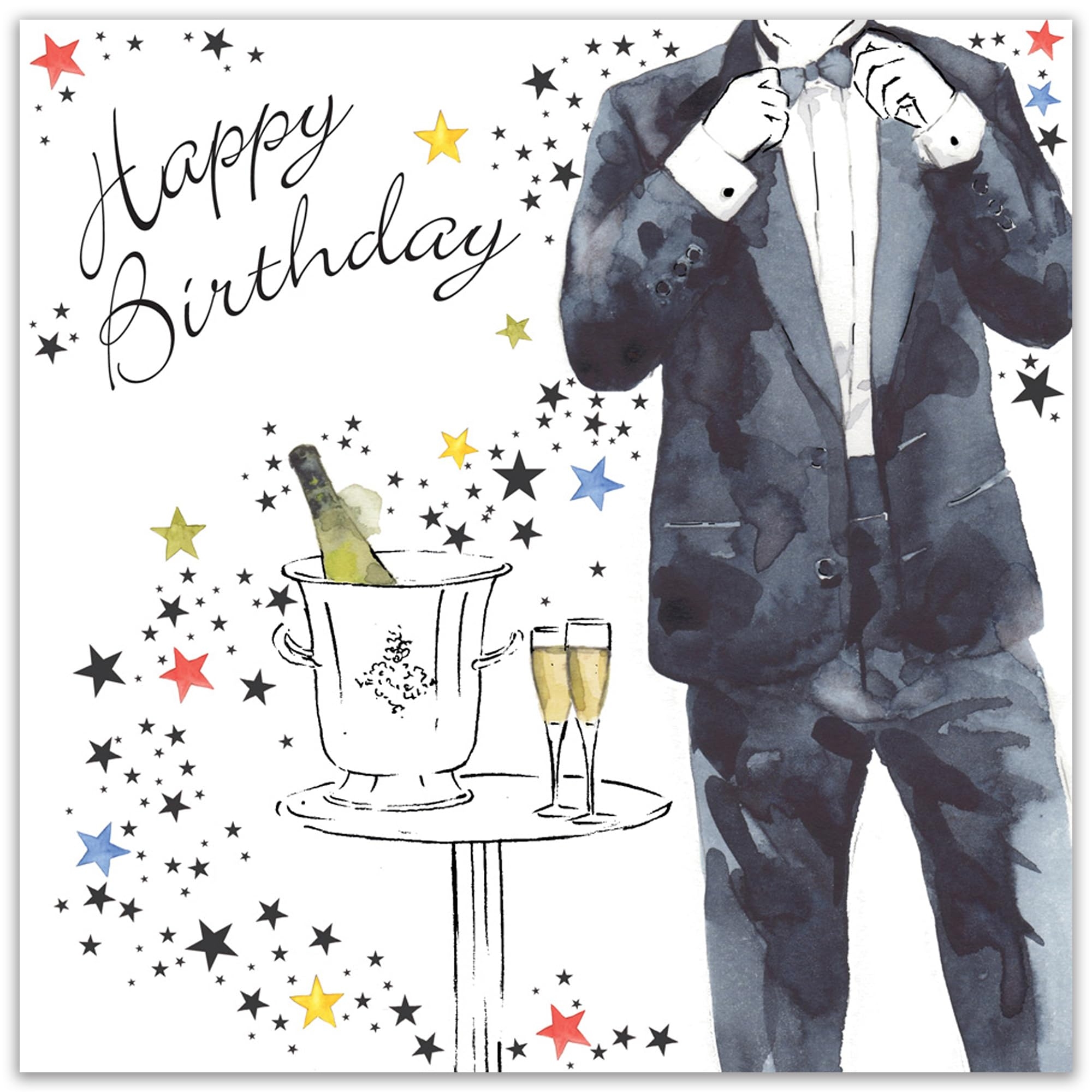 Amazon Twizler Happy Birthday Card For Him With Silver Foiling Unique Watercolour Effect Male Birthday Card Mens Birthday Card Champagne Card Office Products