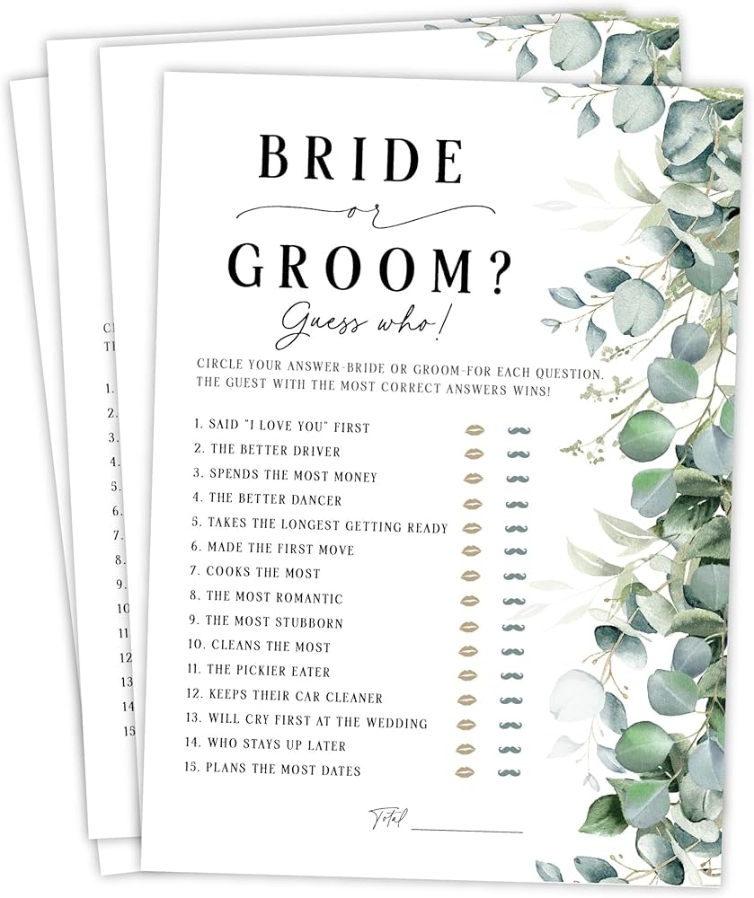 Amazon Your Main Event Prints Bride Or Groom Wedding Shower Game Fun Bridal Shower Games He Said She Said Trivia Eucalyptus Neutral Home Kitchen