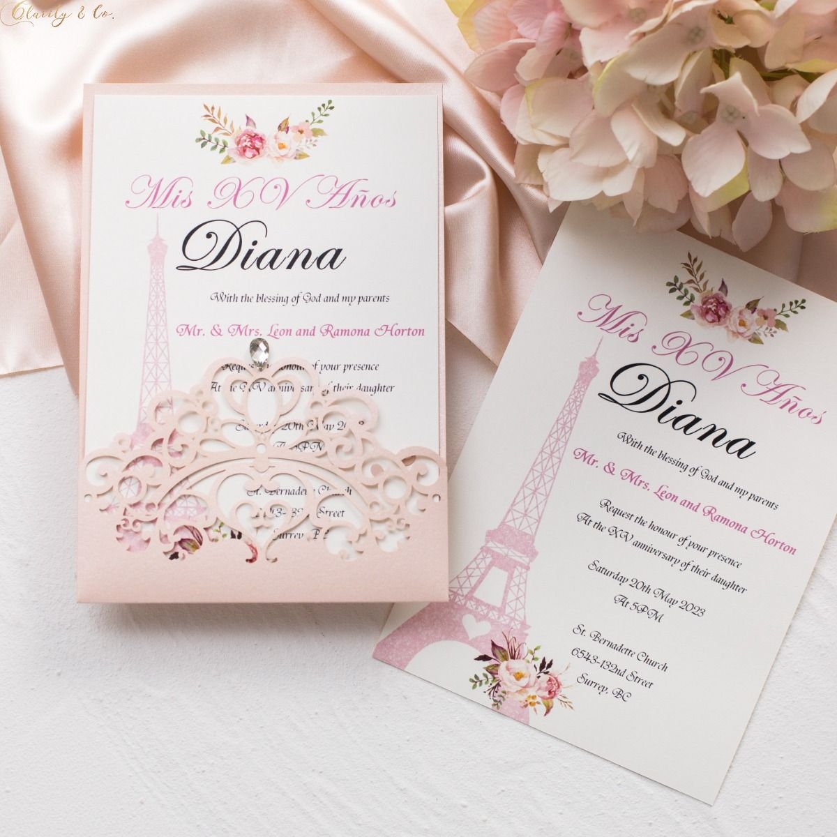 Blush Pink Eiffel Tower Laser Cut Panel Pocket Quincea era Invitation With Crystal CLXV007 Blush Pink Eiffel Tower Laser Cut Panel Pocket Quincea era Invitation With Crystal CLXV007