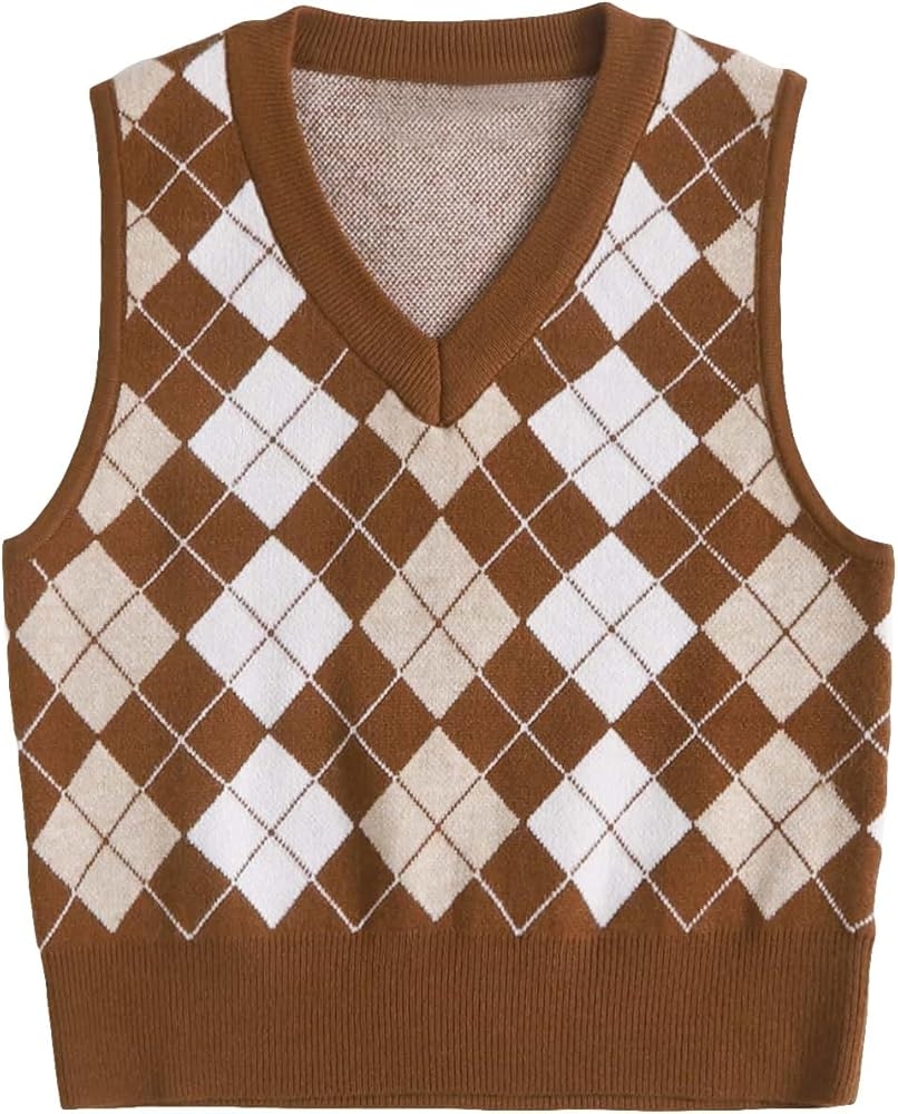 Floerns Women s V Neck Argyle Pattern Sleeveless Sweater Vest Knitted Top Brown And White S At Amazon Women s Clothing Store