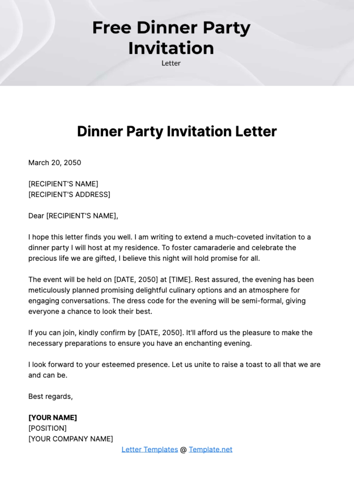 Free Dinner Party Invitation Letter Template To Edit Online