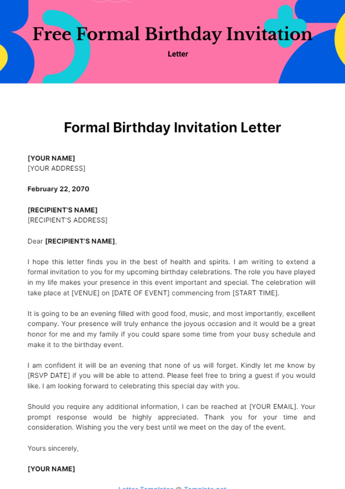 Free Formal Birthday Invitation Letter Template To Edit Online