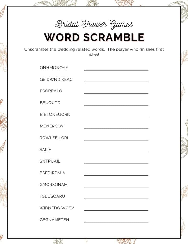 Free Printable Bridal Shower Word Scramble Game