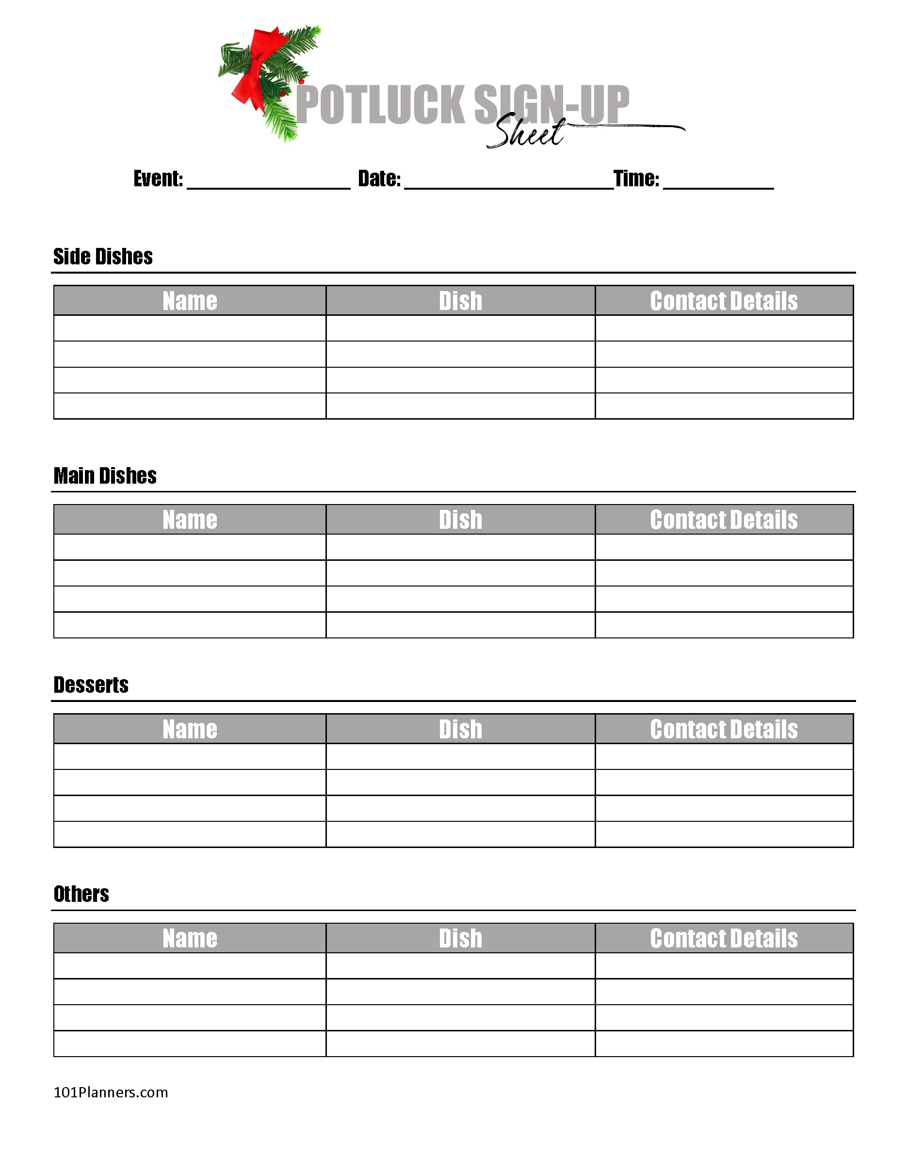 Free Printable Potluck Sign Up Sheet Template